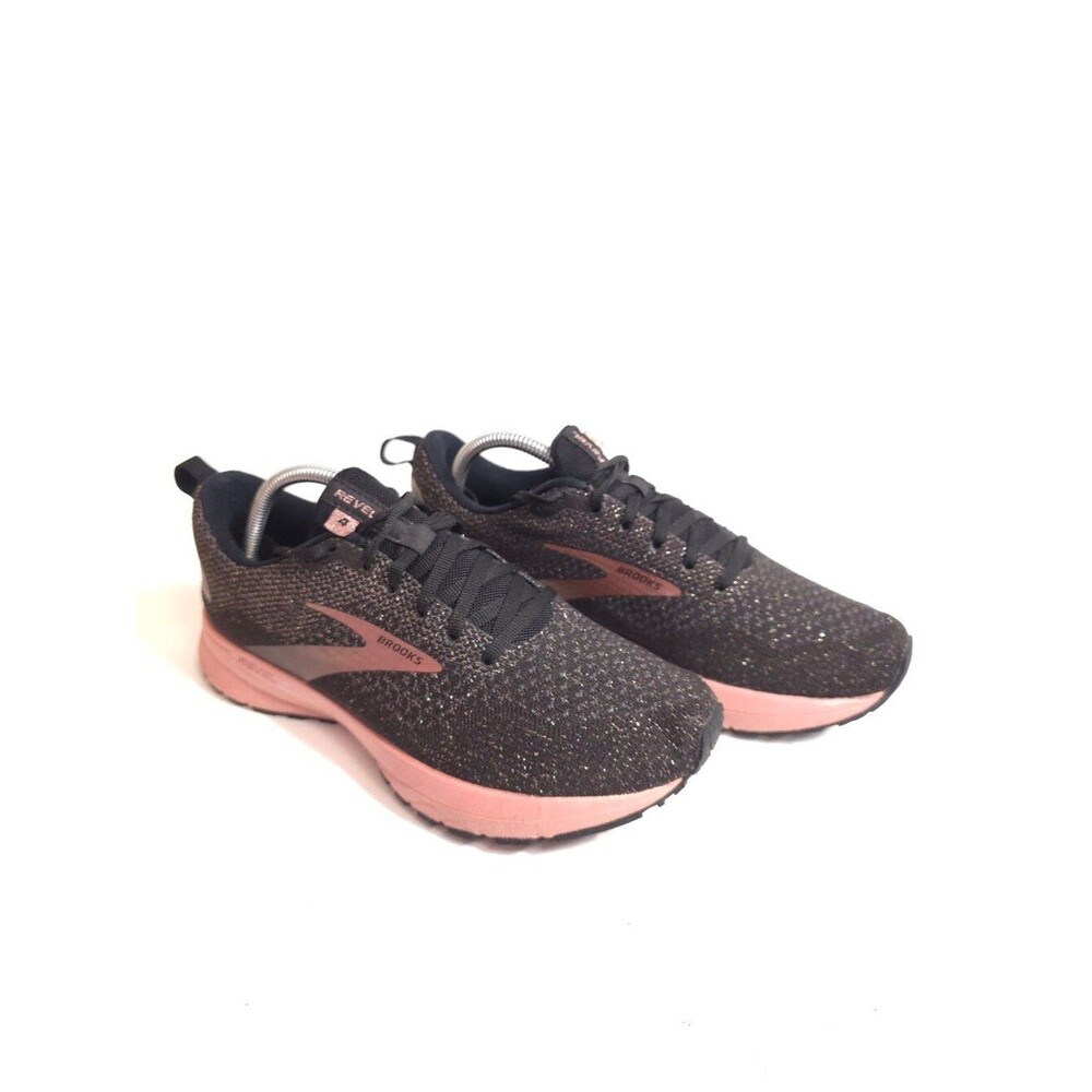Brooks Revel 4 Running Shoes Women Black Pink Rose Glitter Knit Sneakers Sz 8.5B